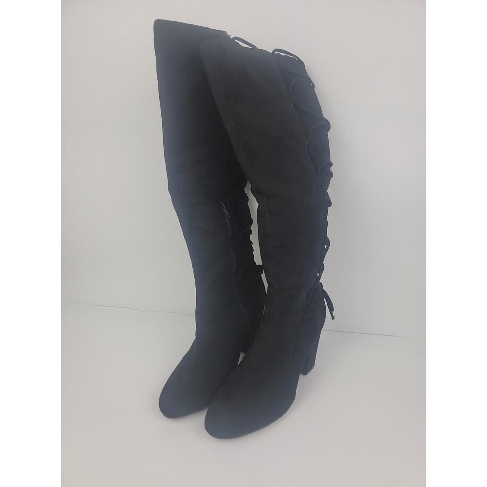SO Screenname Black Faux Suede Lace Up Back Over The Knee Block Heel Boots 8